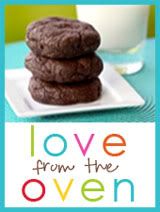 Love from the Oven text with 3 chocolate cookies stacked on a plate