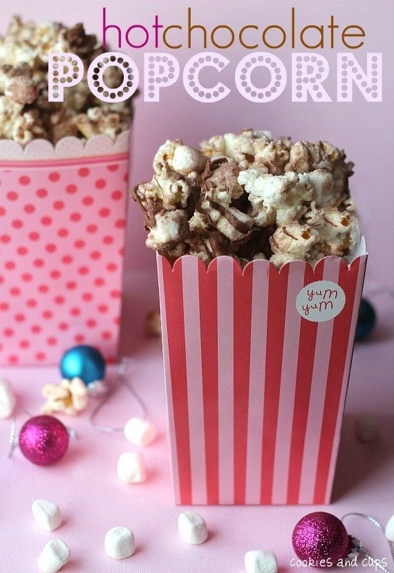Hot chocolate popcorn in a striped container
