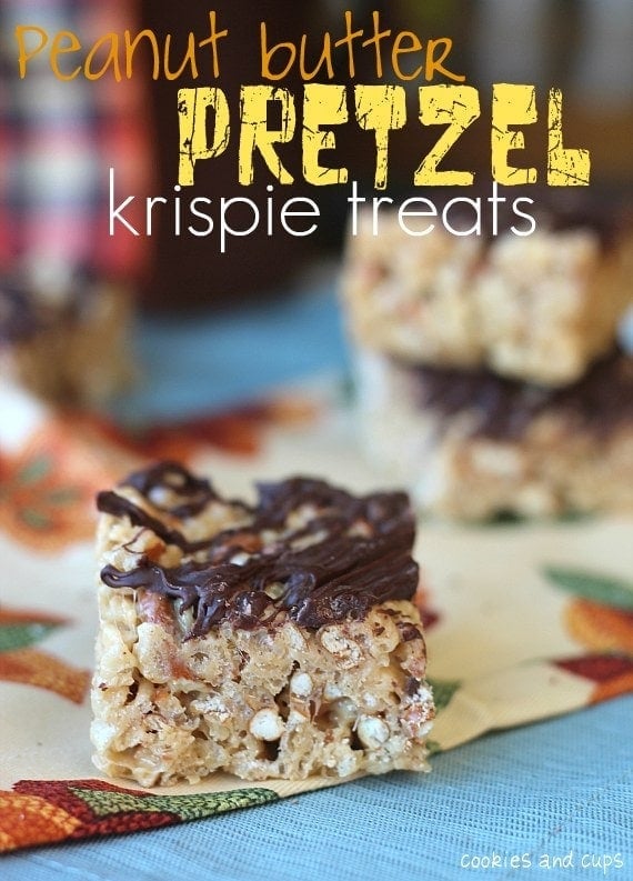 A Peanut Butter Pretzel krispie treat on a napkin