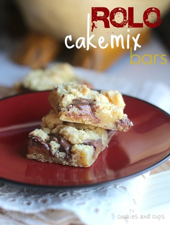 Two Rolo cake mix bars stacked on a plate