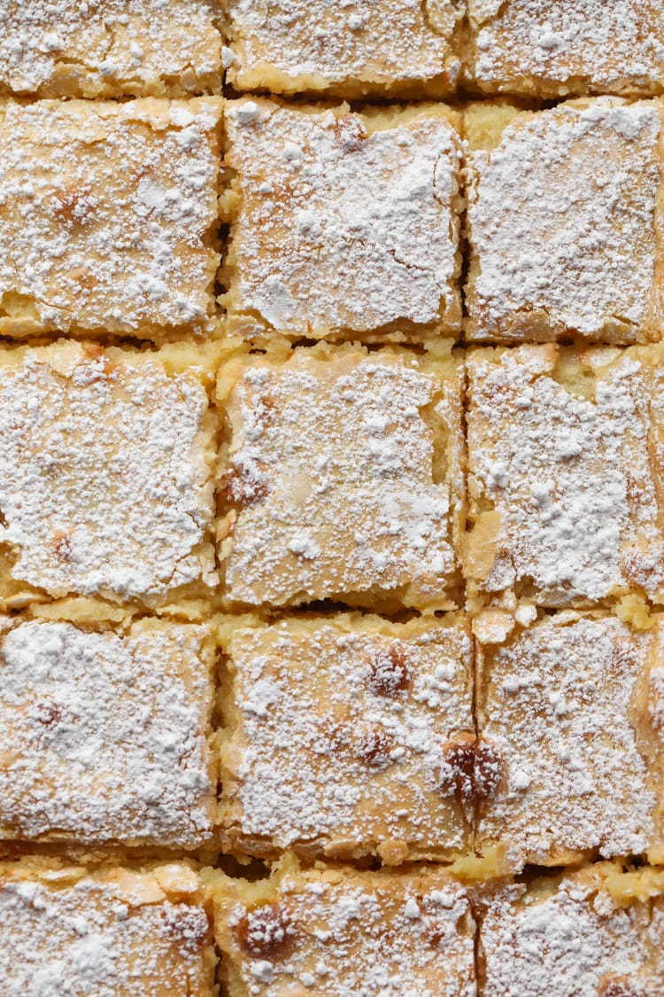 Powdered Sugar on top of sliced Gooey Butter Cake