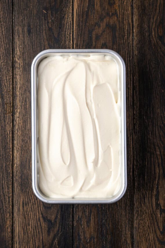 2-ingredient ice cream spread into a shallow pan.