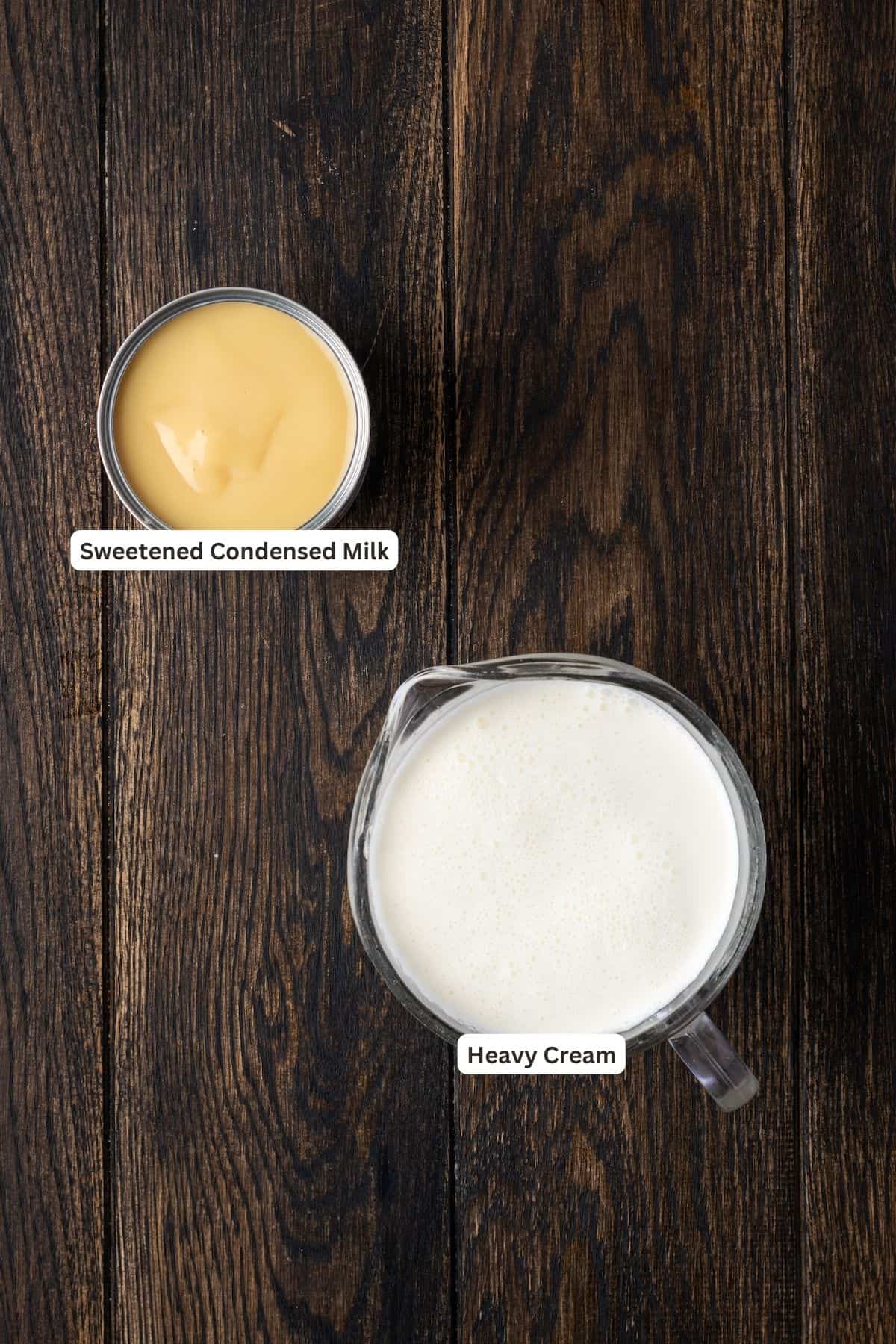 Overhead view of the two ingredients needed to make ice cream, sweetened condensed milk and heavy cream, with text labels overlaying each ingredient.