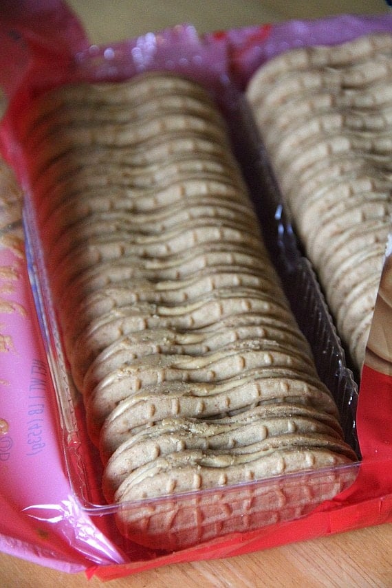 A plastic sleeve of Nutter Butter cookies.