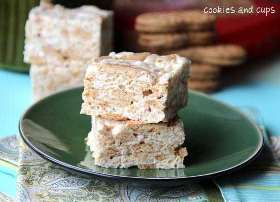 Two Nutter Butter peanut butter rice krispie treats stacked on a green plate