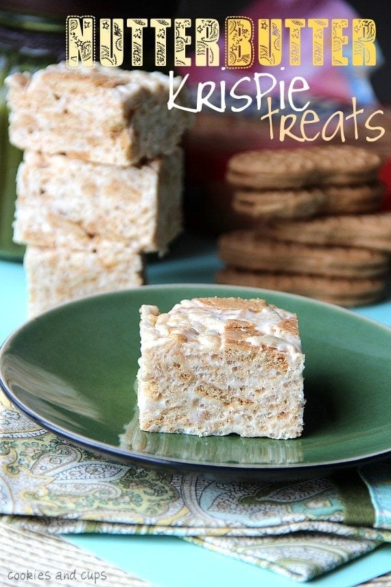 A Nutter Butter peanut butter rice krispie treat on a green plate