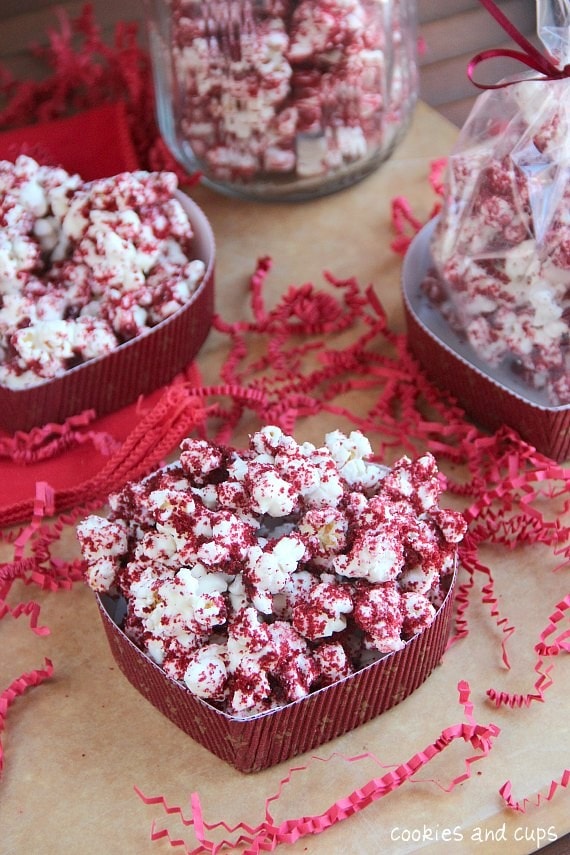 Red Velvet Popcorn in heart-shaped containers