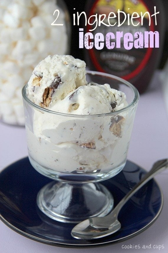 A serving of 2 ingredient ice cream in a glass dish with a spoon