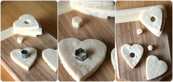 Photo collage of heart cookies with holes being punched in the centers.