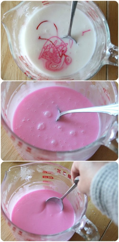 Photo collage of pink food coloring being added to a simple sugar glaze.