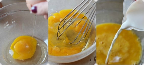 Collage of creating egg mixture for Apple and Cheddar Cheese Quiche