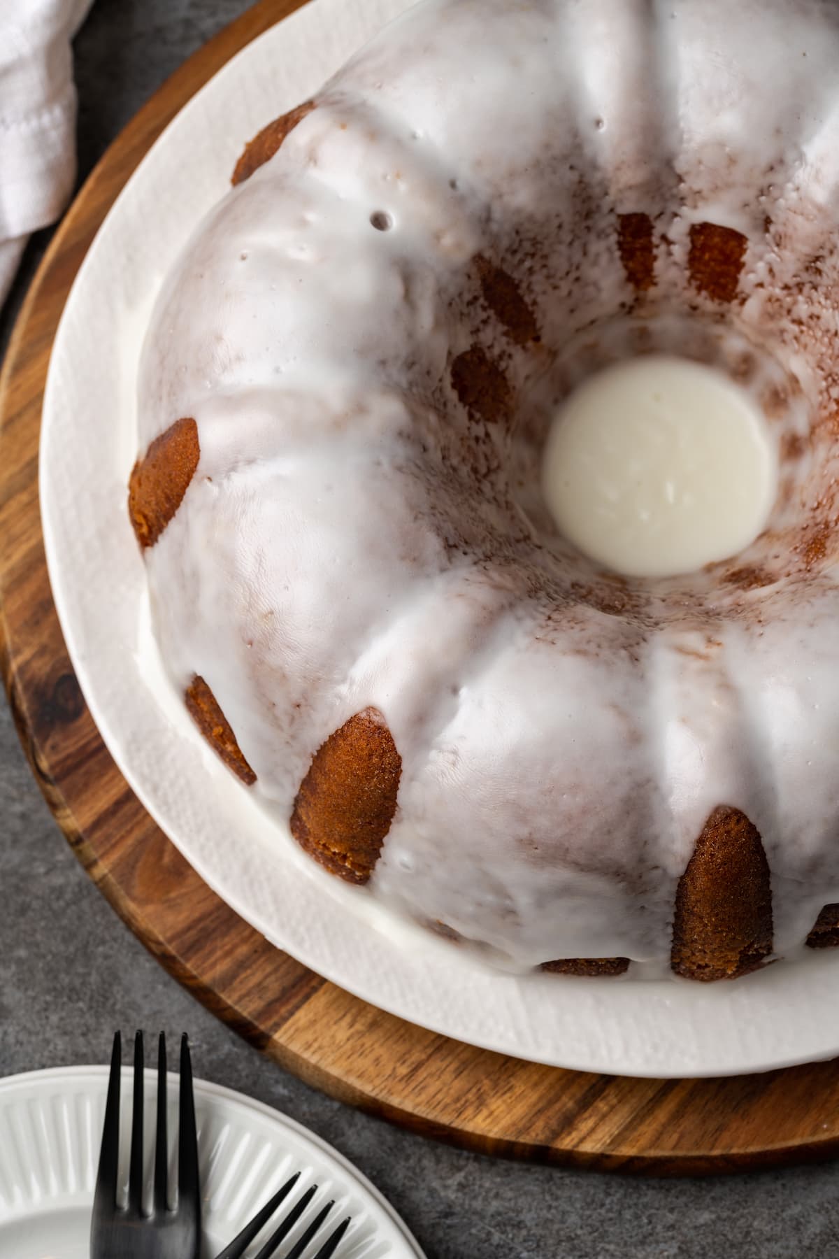 An overhead view of a plate of glazed Mountain Dew cake.