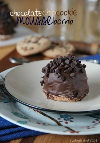 Plate with a chocolate chip cookie mousse bomb on it