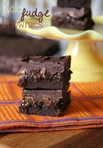Two Rolo Fudge Brownies stacked on a napkin
