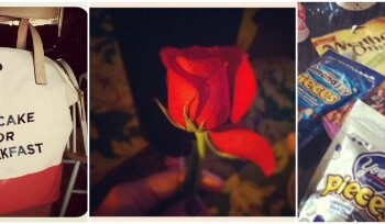 A collage of a bag, a rose, and bags of candy