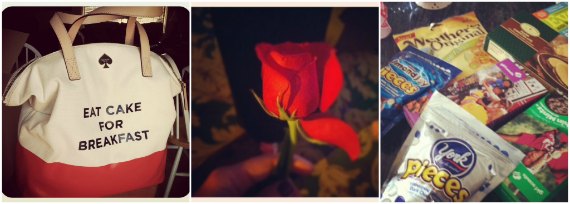 A collage of a bag, a rose, and bags of candy