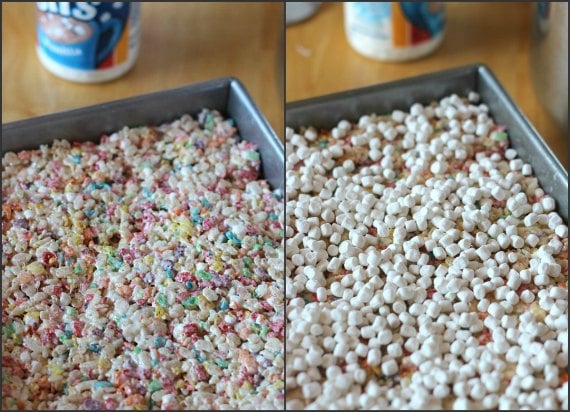 Photo collage of Fruity Pebbles treats in a baking tray, before and after the Marshmallow Bits are added over top.