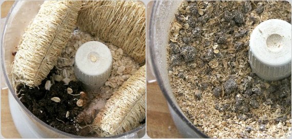 Photo collage showing a photo of shredded wheat being added into a blender with ground raisins, next to a photo of the ingredients after blending.