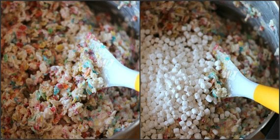Photo collage of ingredients for Fruity Pebbles Treats being mixed together in a mixing bowl.
