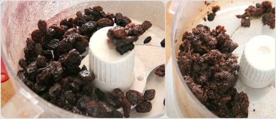 Photo collage showing a photo of raisins in a blender next to a photo after they are blended.