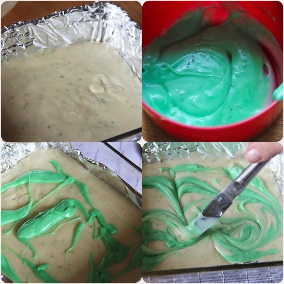Photo collage of the green and white key lime fudge batters being added to the pan and swirled together.