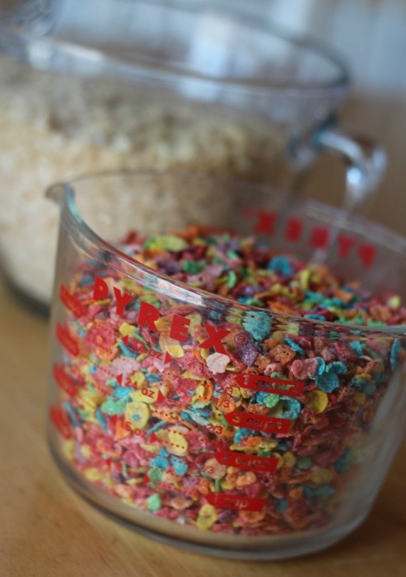 A bowl of Fruity Pebbles cereal.