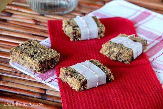 Individual Homemade Clif Snack Bars wrapped in decorating paper with bows.