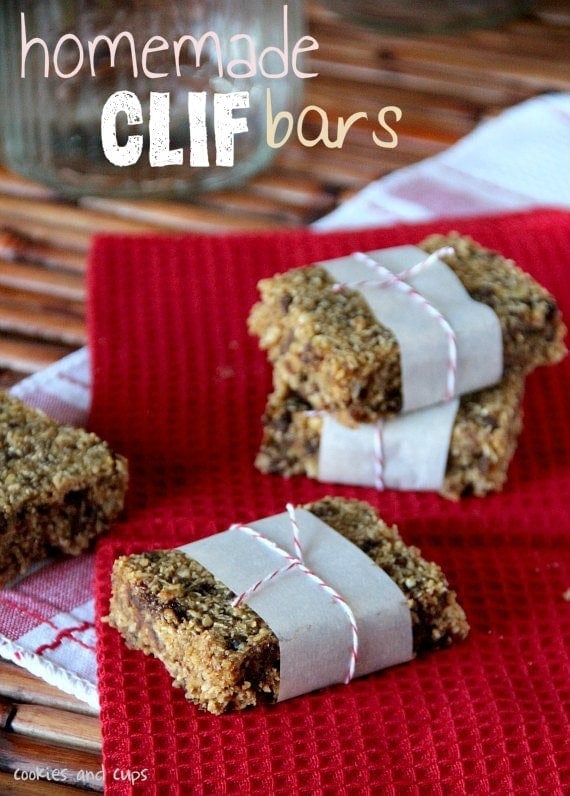 Individual Homemade Clif Snack Bars wrapped in decorating paper with bows.