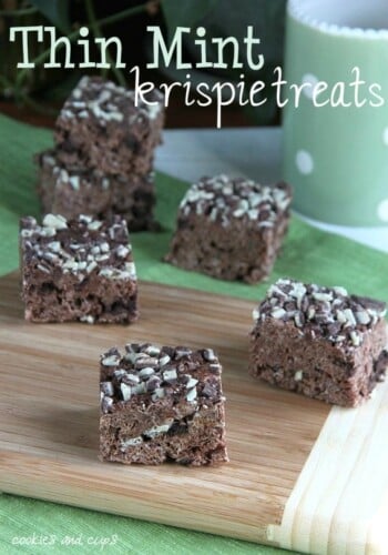 Thin Mint Krispie treat squares on a wooden board