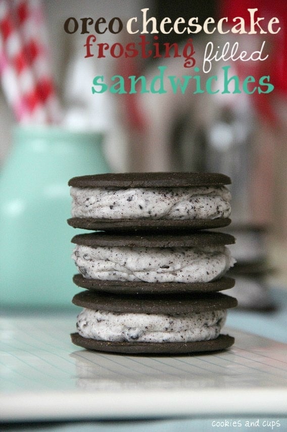 Three Oreo Cheesecake Frosting filled sandwich cookies, stacked