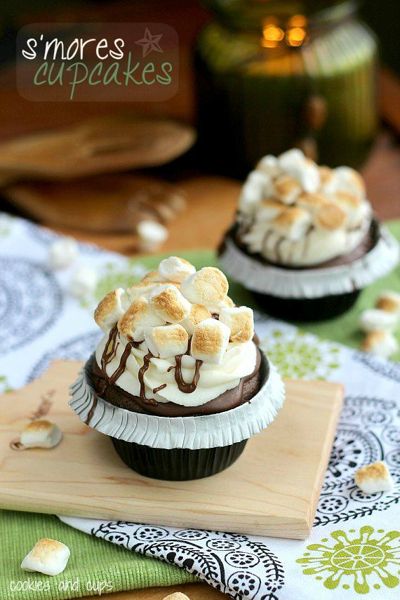 A s'mores cupcake with toasted marshmallows on top
