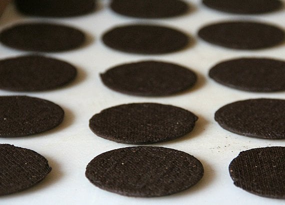 Rows of chocolate wafer cookies.