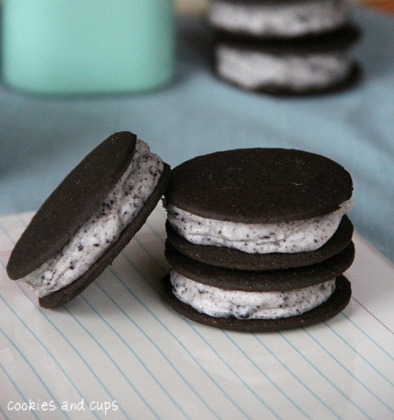 Three Oreo cheesecake frosting sandwich cookies.