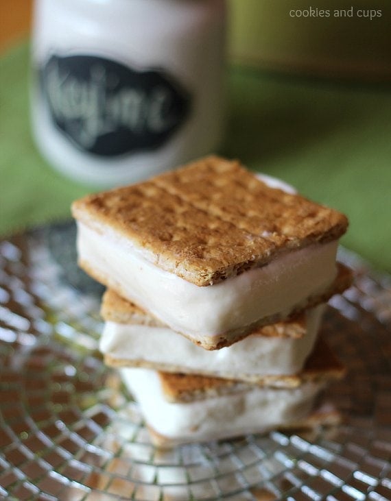 Image of key lime pie ice cream sandwiches stacked