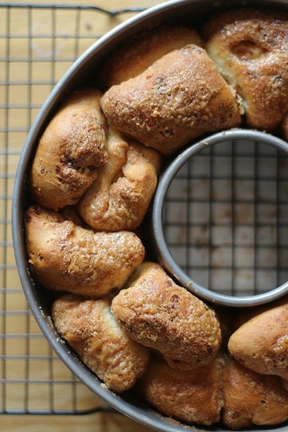 Cinnamon roll monkey bread baked in a bundt pan.