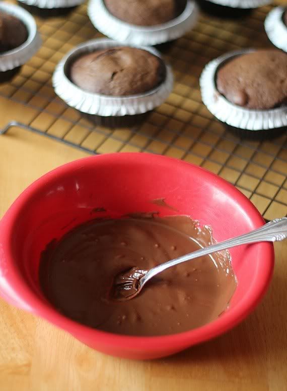 Melted chocolate in a red bowl