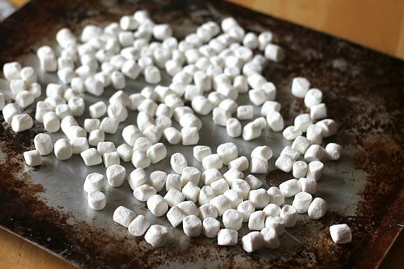 Mini marshmallows on a sheet pan