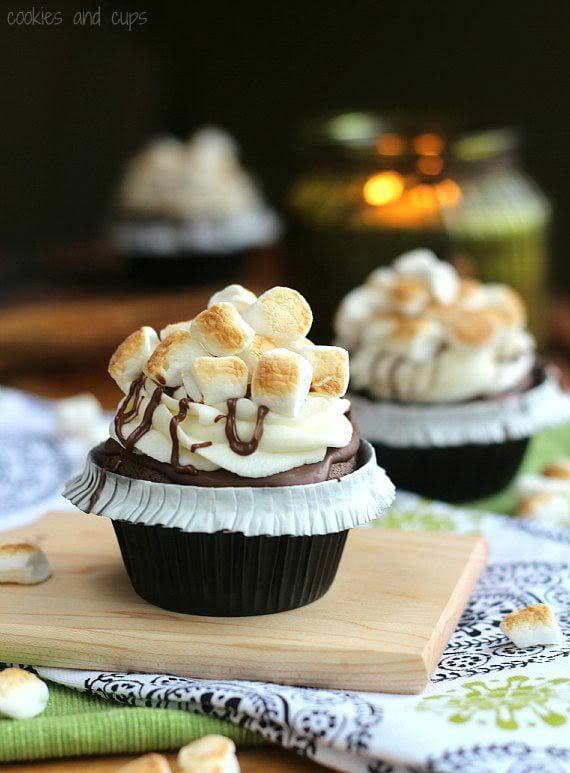 Two S'mores cupcakes with toasted mini marshmallow topping