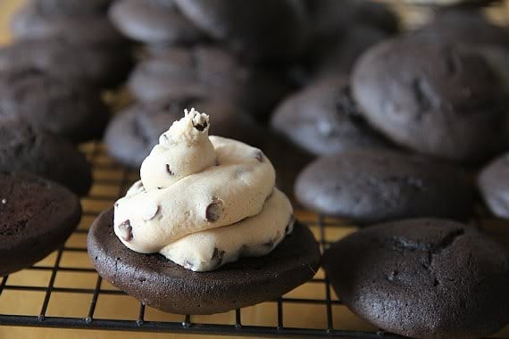 Open-faced chocolate whoopie pie with a swirl of chocolate chip cookie dough filling