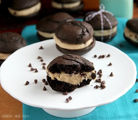 Chocolate whoopie pie with chocolate chip cookie dough filling on a plate