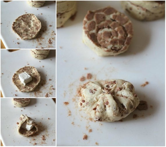 A collage of the process for wrapping cream cheese cubes in flattened cinnamon roll dough.