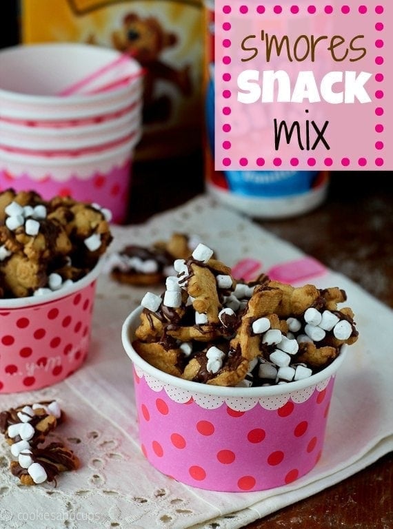 A Paper Dish Filled with S'mores Snack Mix