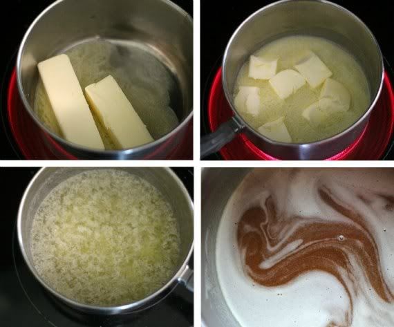 A collage of four photos of butter melting in a saucepan