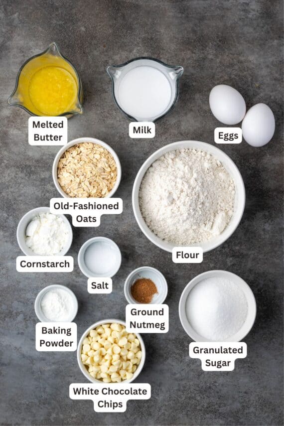 Cinnamon muffin ingredients with text labels over each ingredient.