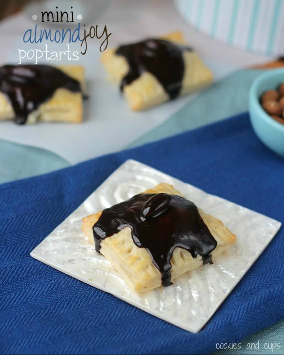 Mini Almond Joy pop tart topped with chocolate drizzle on a napkin