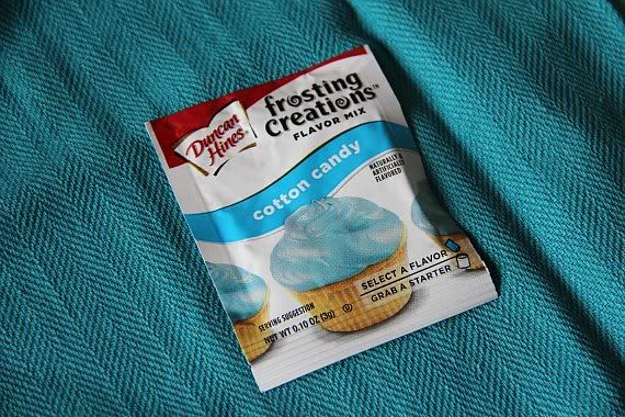 A package of Duncan Hines frosting creations Cotton Candy flavored mix