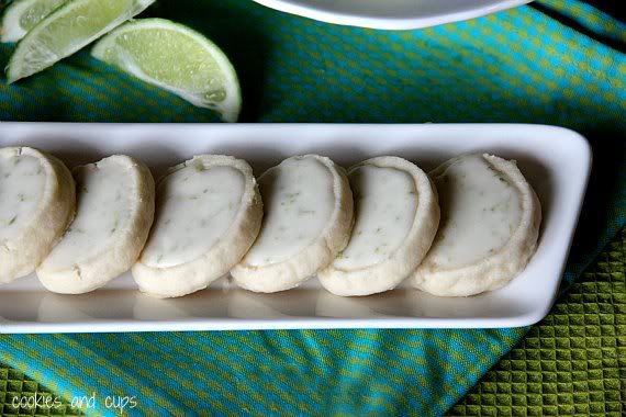 Key lime shortbread meltaway cookies lined up on a platter