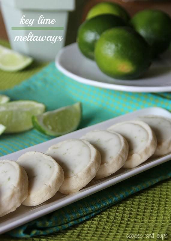 Key Lime Meltaway shortbread cookies lined up on a plate