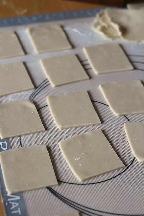 Squares of dough on a baking mat