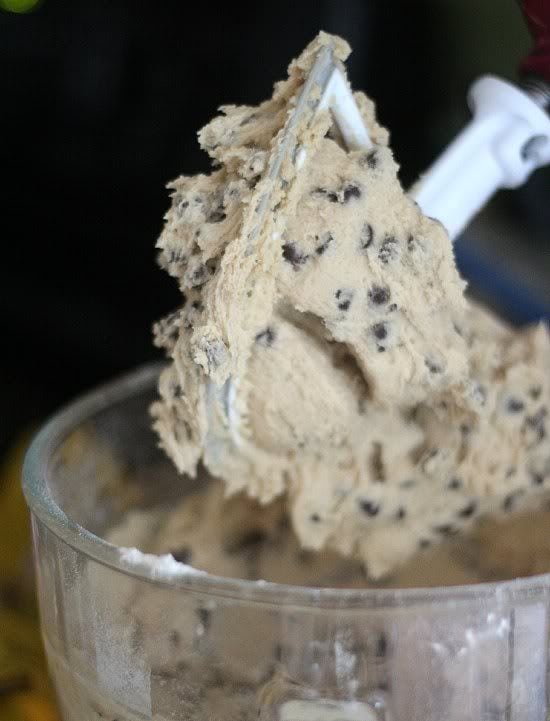 Chocolate chip cookie dough in a stand mixer